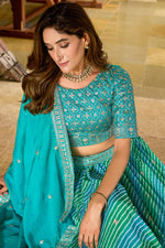 Thumbnail for Monjolika Fashion Turquoise Leheriya Print With Embroidered Faux Georgette Lehenga Choli - Distacart