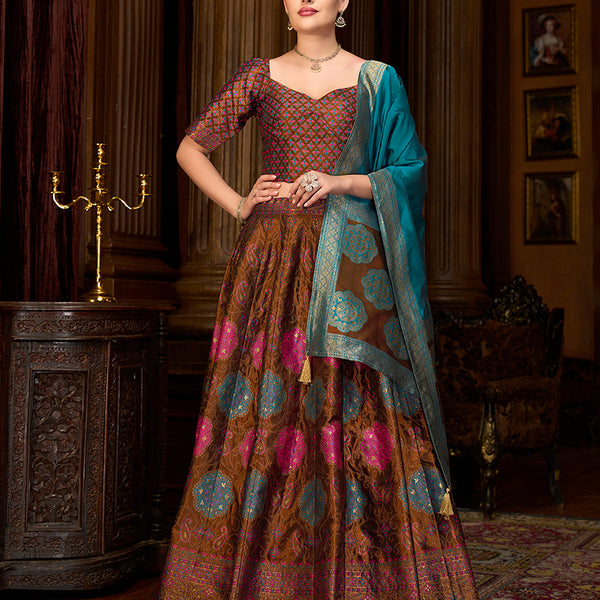 Monjolika Fashion Brown Color Kanjivaram Silk Jacquard Designer Lehenga Choli