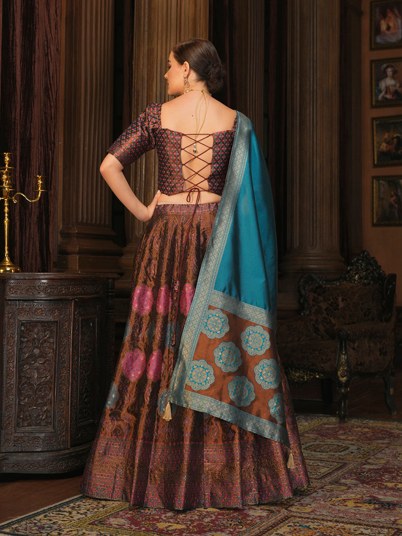 Monjolika Fashion Brown Color Kanjivaram Silk Jacquard Designer Lehenga Choli