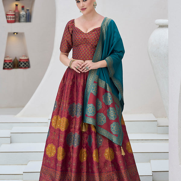 Monjolika Fashion Maroon Color Kanjivaram Silk Jacquard Designer Lehenga Choli