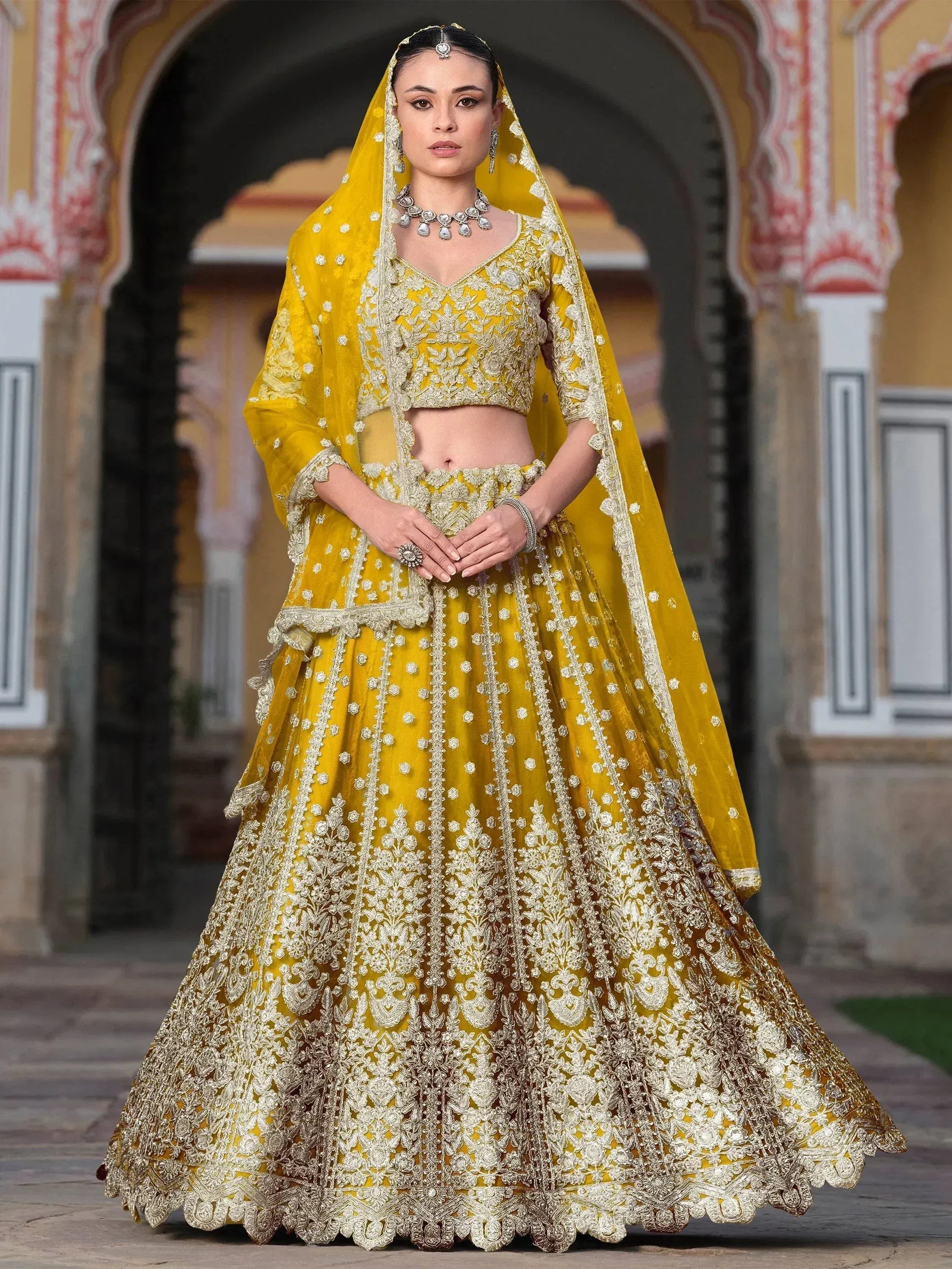 Tulsi Art Mesmerizing Yellow Sequins Net Bridesmaid Lehenga Choli With Dupatta - Dista