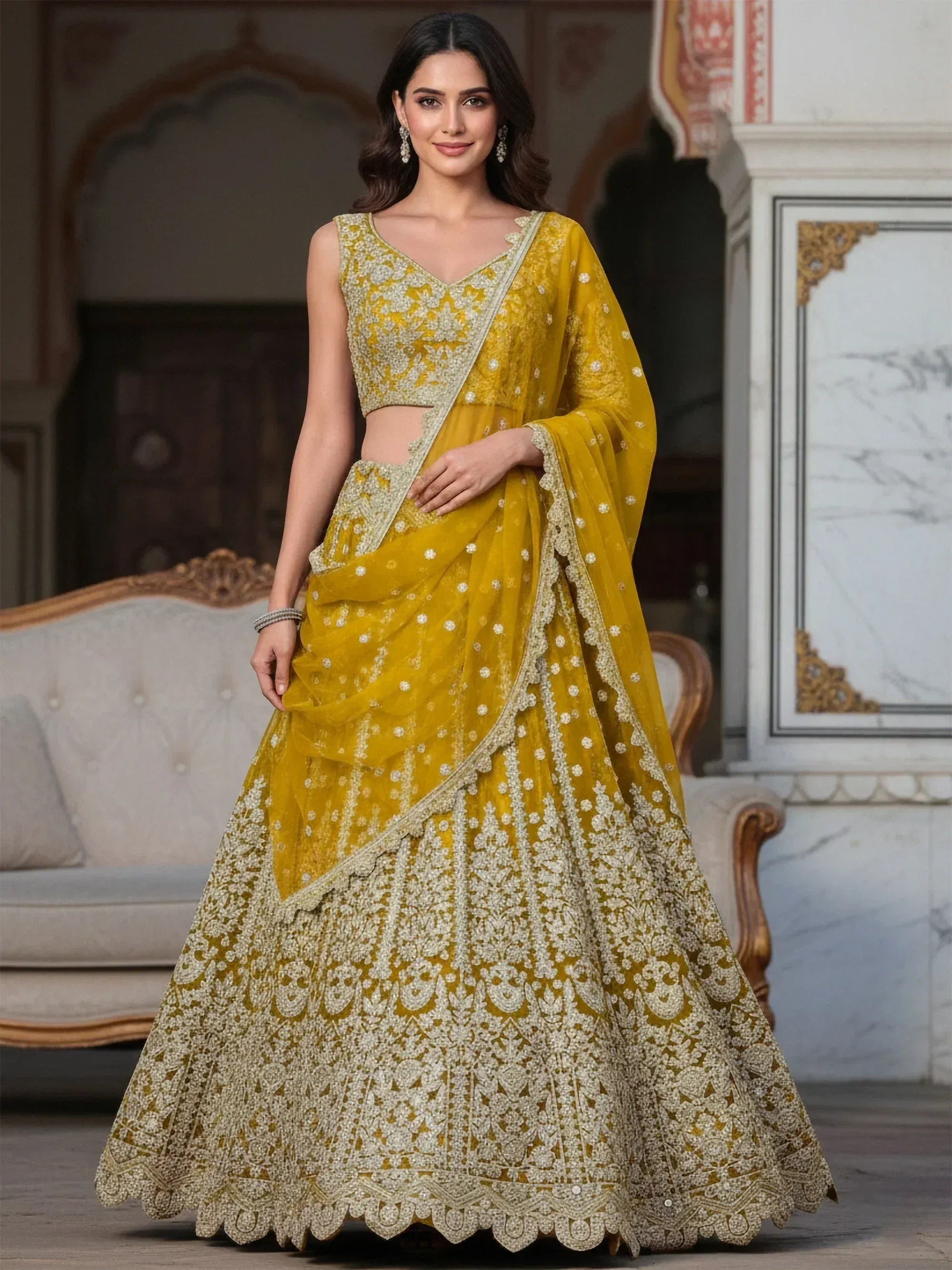 Tulsi Art Incredible Yellow Zari Work Soft Net Bridesmaid Lehenga Choli - Dista