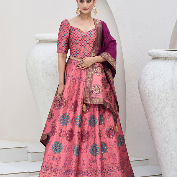 Monjolika Fashion Pink Color Kanjivaram Silk Jacquard Designer Lehenga Choli