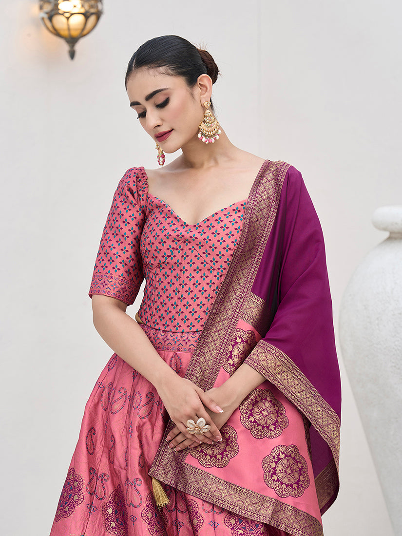 Monjolika Fashion Pink Color Kanjivaram Silk Jacquard Designer Lehenga Choli