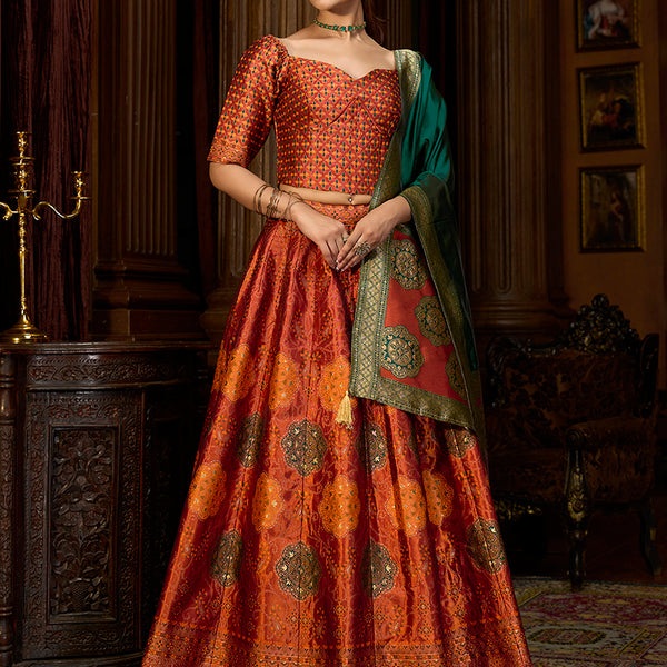 Monjolika Fashion Rust Color Kanjivaram Silk Jacquard Designer Lehenga Choli