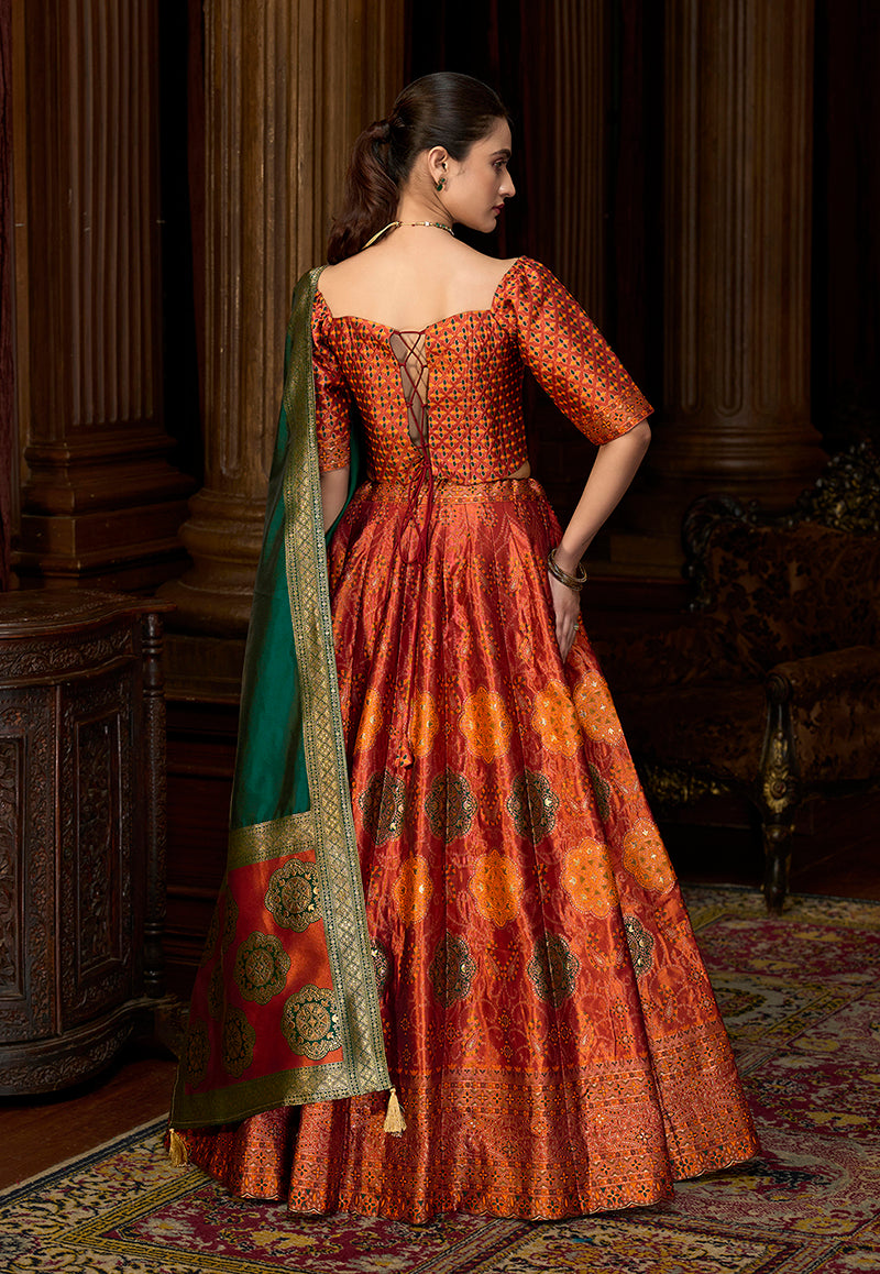 Monjolika Fashion Rust Color Kanjivaram Silk Jacquard Designer Lehenga Choli