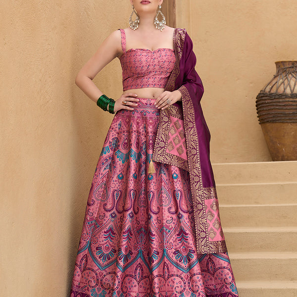 Monjolika Fashion Thread Work Jacquard Silk In Pink Lehenga Choli