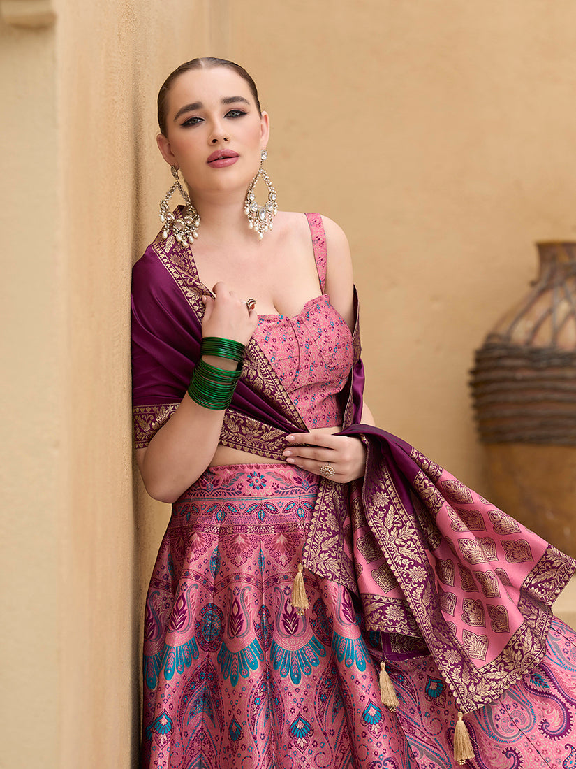 Monjolika Fashion Thread Work Jacquard Silk In Pink Lehenga Choli