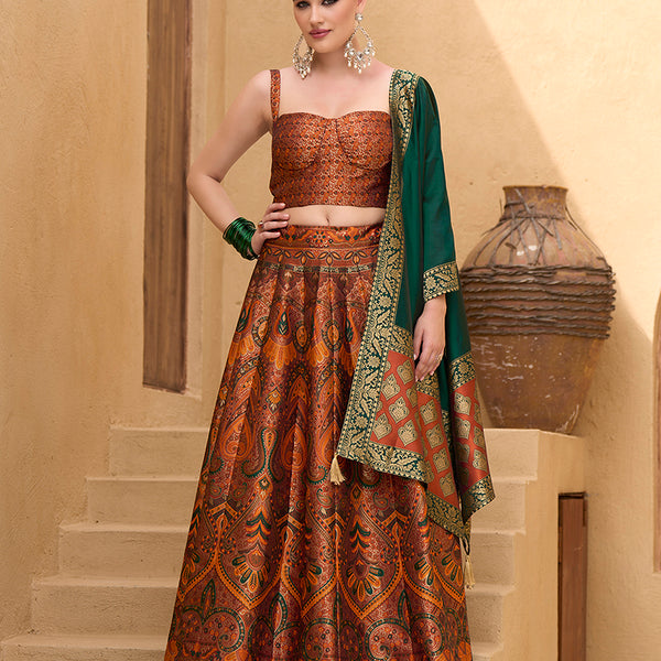 Monjolika Fashion Thread Work Jacquard Silk In Rust Orange Lehenga Choli