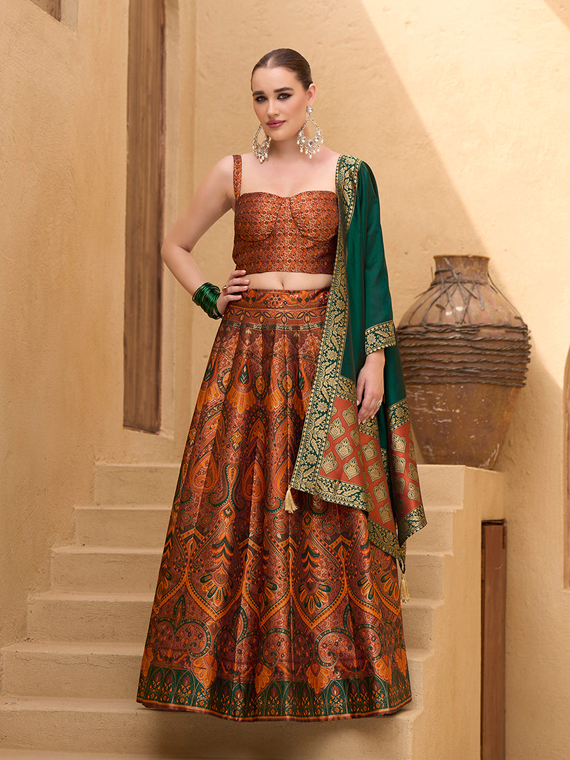 Monjolika Fashion Thread Work Jacquard Silk In Rust Orange Lehenga Choli