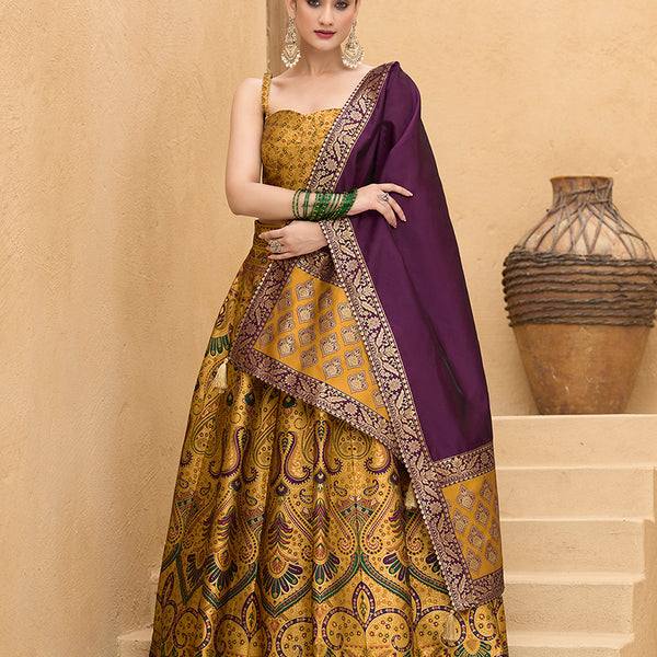 Monjolika Fashion Thread Work Jacquard Silk In Yellow Lehenga Choli