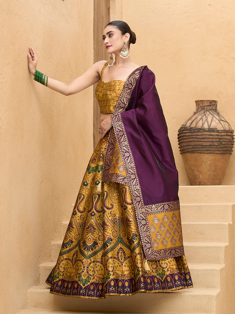 Monjolika Fashion Thread Work Jacquard Silk In Yellow Lehenga Choli