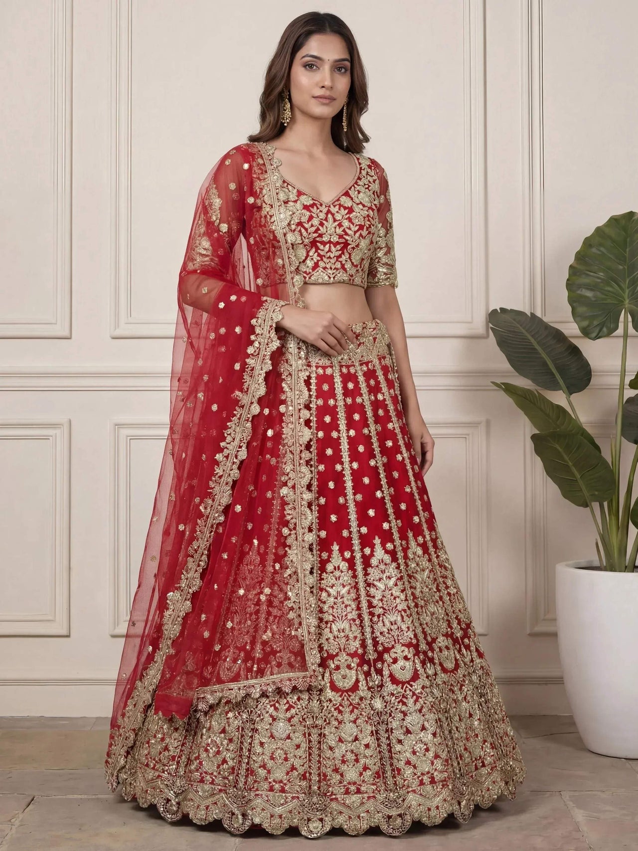 Tulsi Art Outstanding Red Zari Embroidered Net Wedding Wear Lehenga Choli - Dista