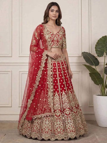 Tulsi Art Outstanding Red Zari Embroidered Net Wedding Wear Lehenga Choli - Dista