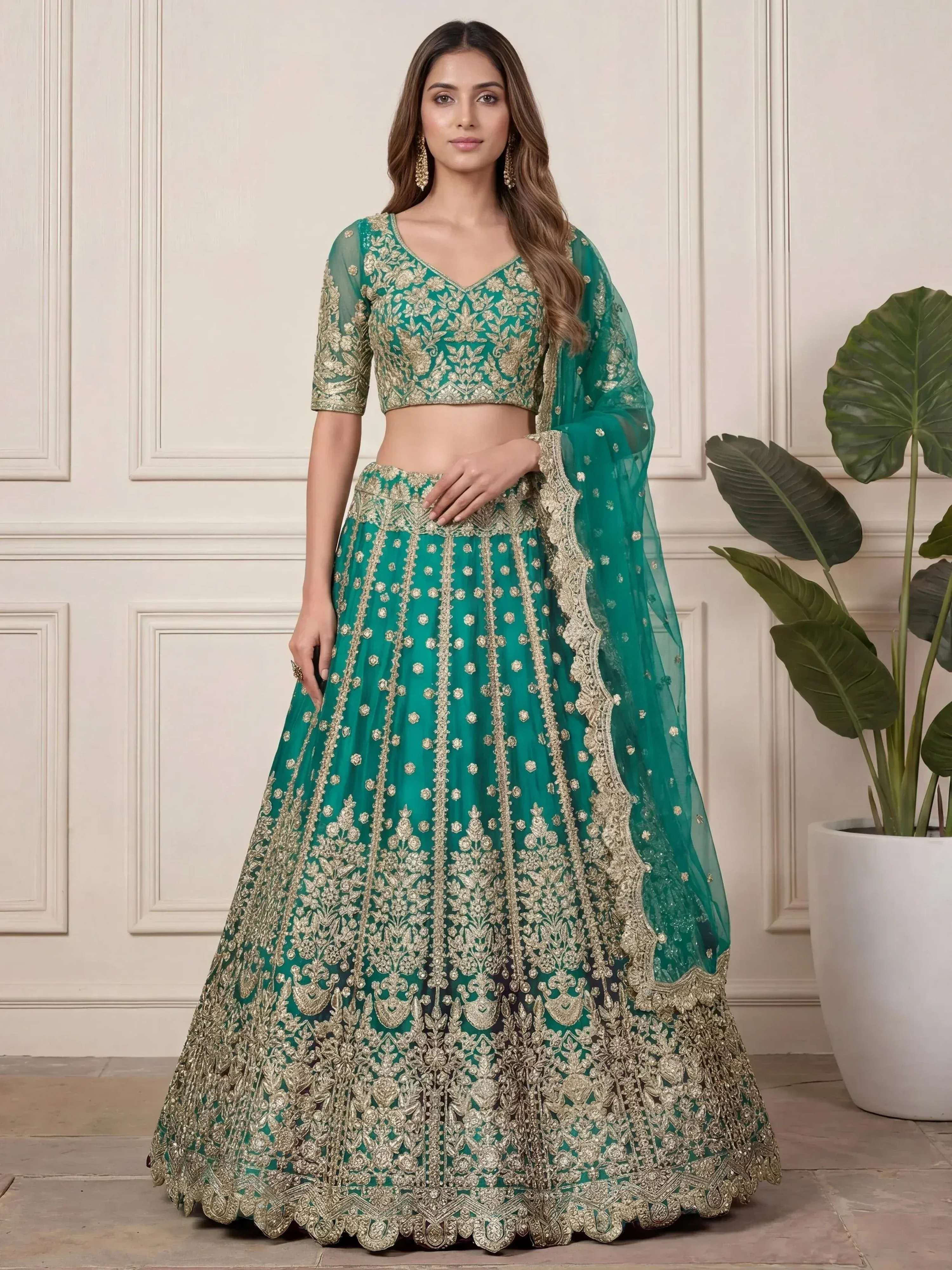 Tulsi Art Beautiful Green Embroidered Soft Net Wedding Wear Lehenga Choli - Dista