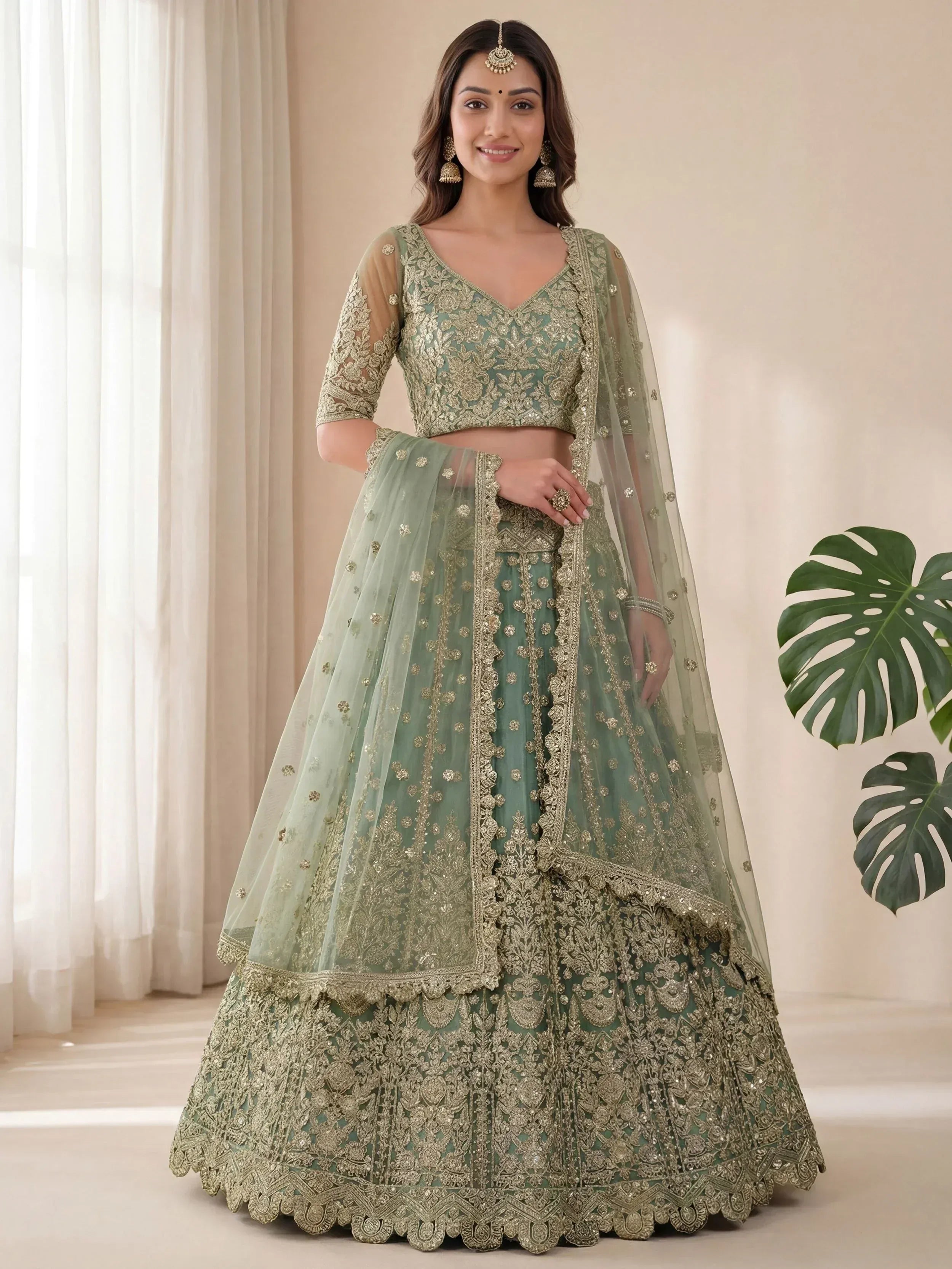 Tulsi Art Dazzling Green Embroidered Soft Net Function Wear Lehenga Choli - Dista