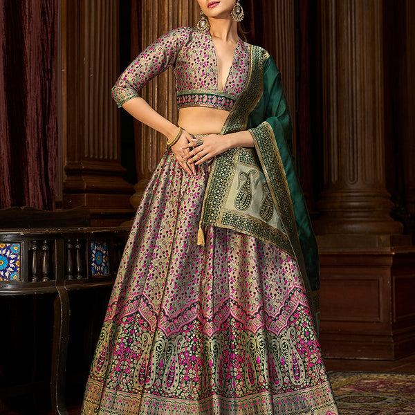 Monjolika Fashion Sea Green Trendy Kanjivaram Jacquard Woven Work Lehenga Choli