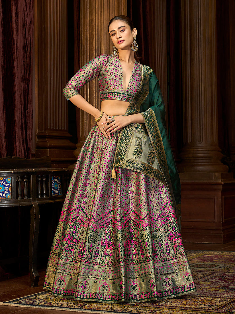 Monjolika Fashion Sea Green Trendy Kanjivaram Jacquard Woven Work Lehenga Choli