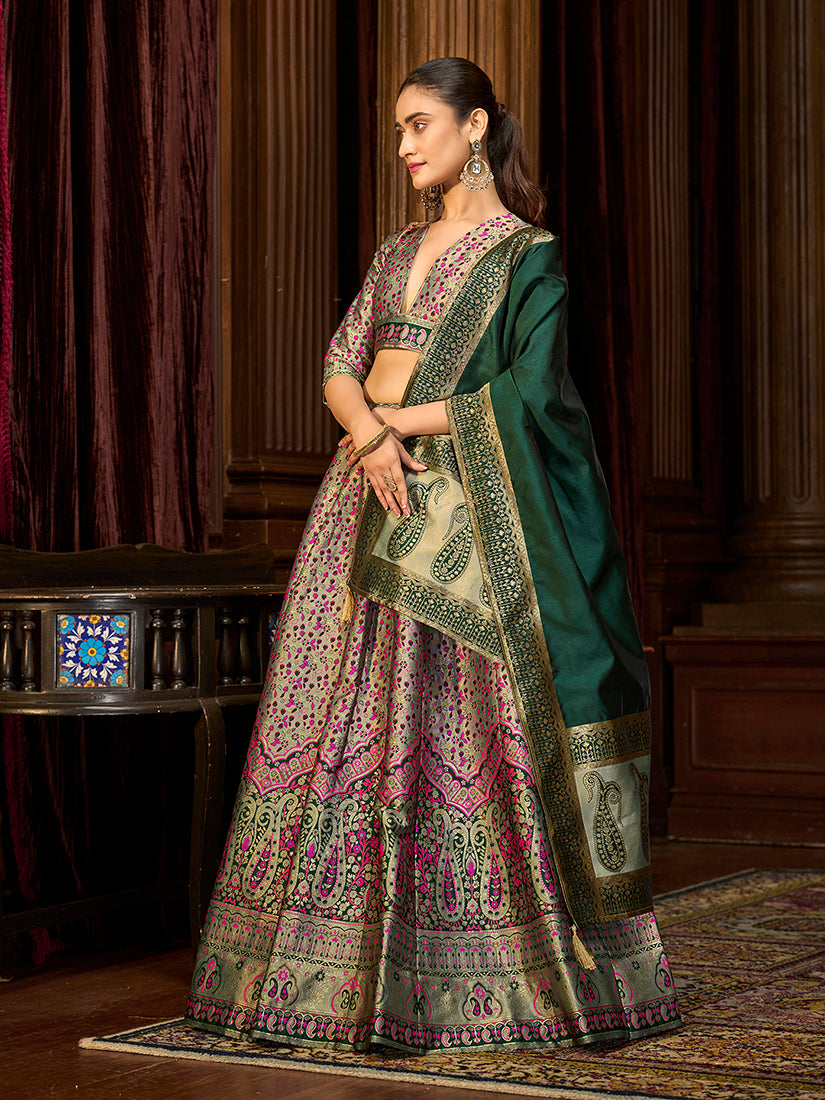 Monjolika Fashion Sea Green Trendy Kanjivaram Jacquard Woven Work Lehenga Choli
