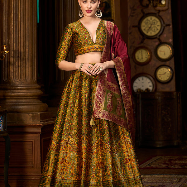 Monjolika Fashion Olive Green Trendy Kanjivaram Jacquard Woven Work Lehenga Choli