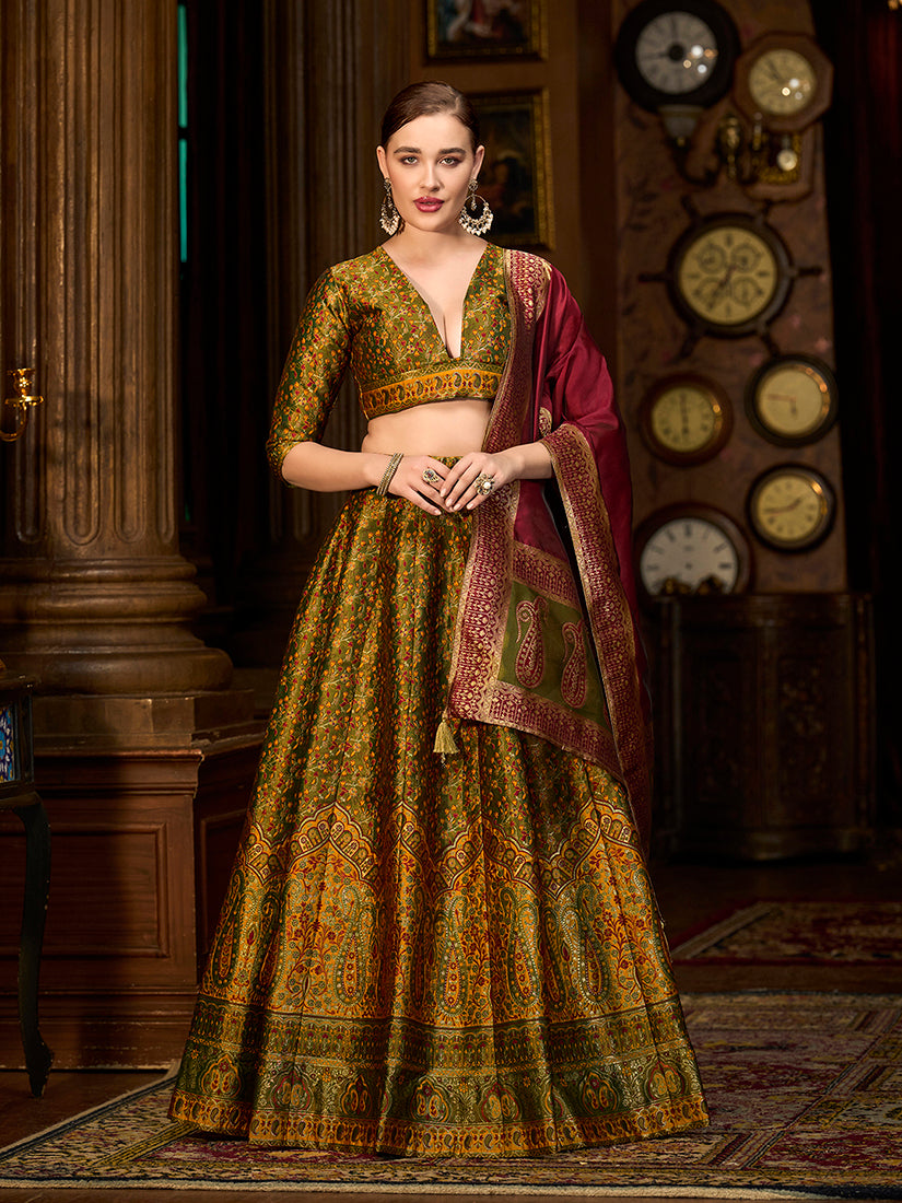Monjolika Fashion Olive Green Trendy Kanjivaram Jacquard Woven Work Lehenga Choli