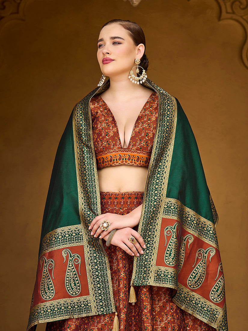 Monjolika Fashion Rust Orange Trendy Kanjivaram Jacquard Woven Work Lehenga Choli - Distacart