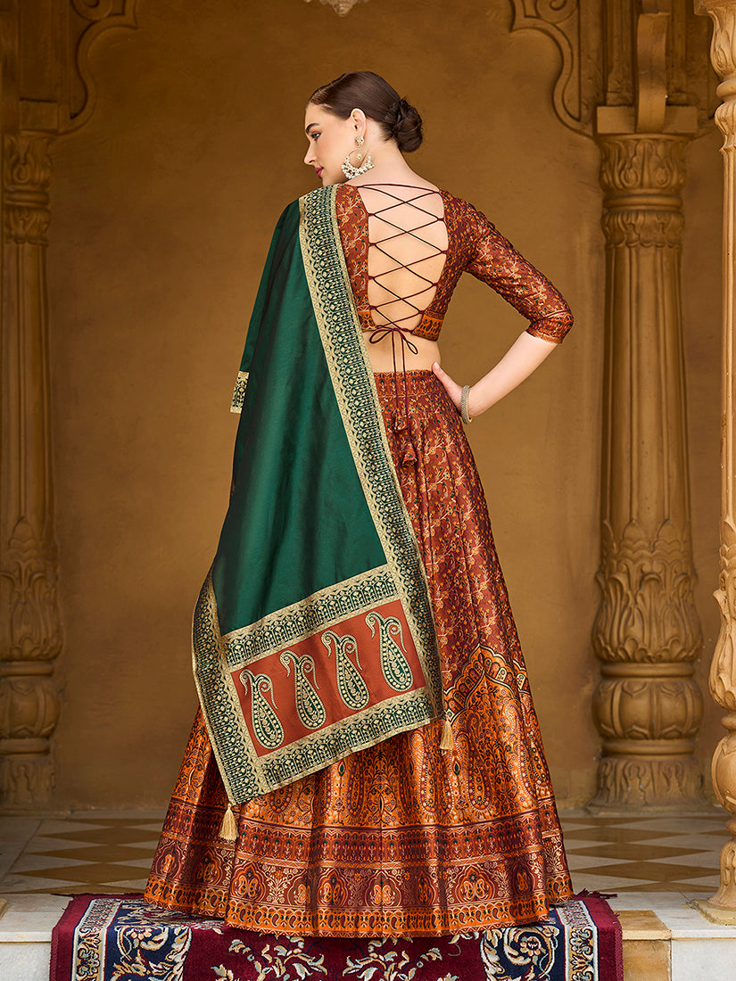 Monjolika Fashion Rust Orange Trendy Kanjivaram Jacquard Woven Work Lehenga Choli - Distacart