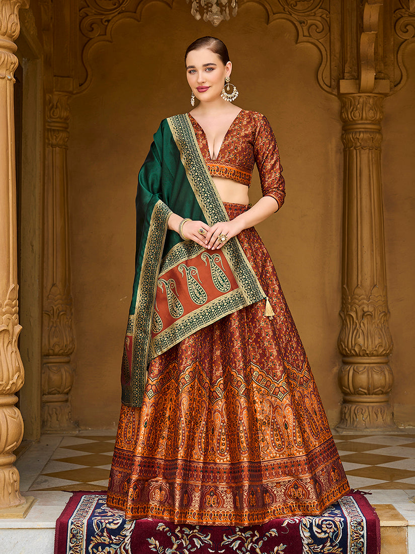 Monjolika Fashion Yellow Trendy Kanjivaram Jacquard Woven Work Lehenga Choli