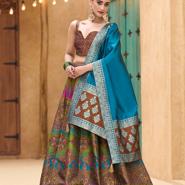 Monjolika Fashion Designer Lehenga Choli Jacquard Kanjivaram Silk In Brown
