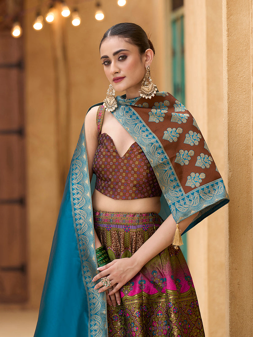 Monjolika Fashion Designer Lehenga Choli Jacquard Kanjivaram Silk In Brown