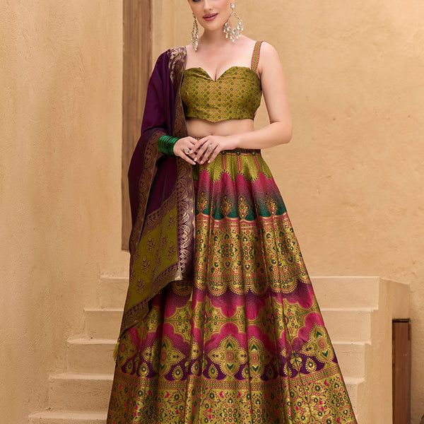 Monjolika Fashion Designer Lehenga Choli Jacquard Kanjivaram Silk In Mehendi Green
