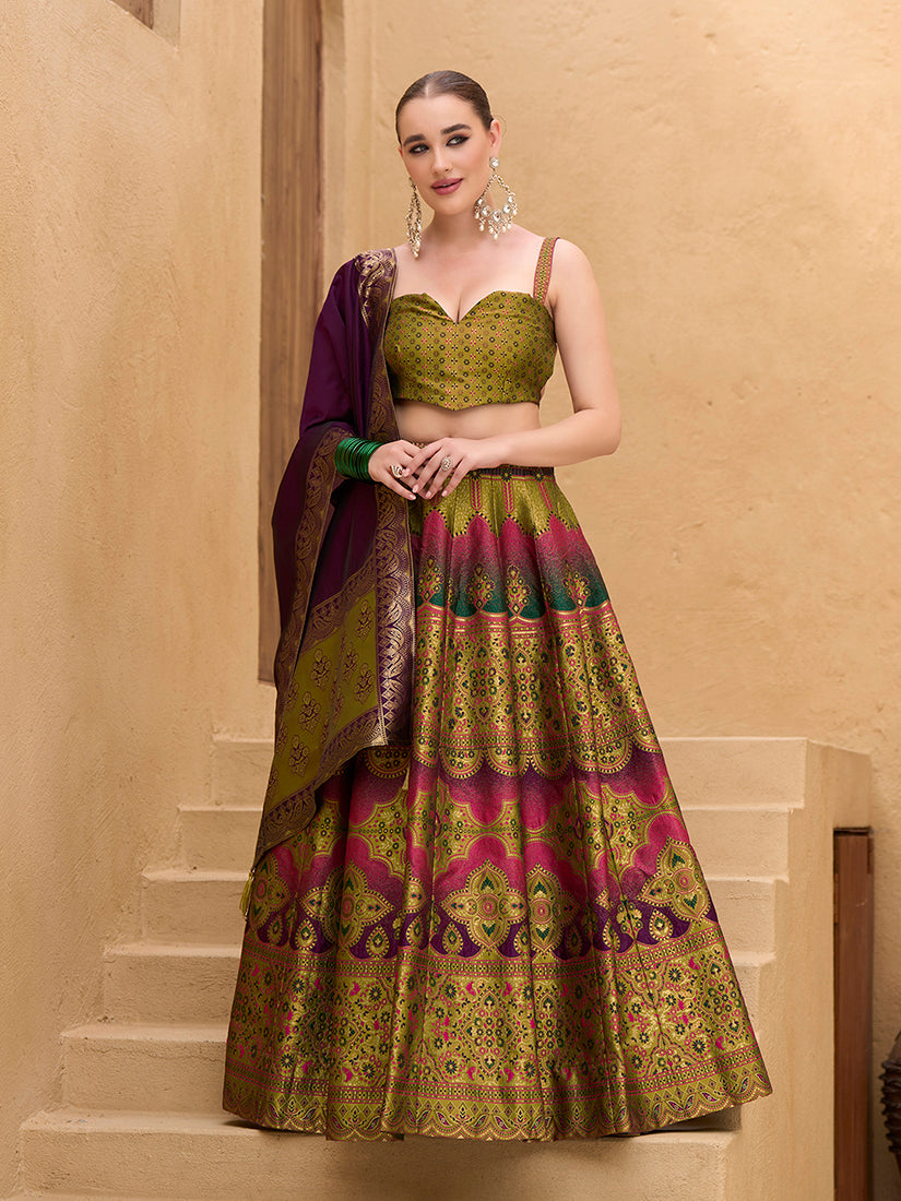 Monjolika Fashion Designer Lehenga Choli Jacquard Kanjivaram Silk In Mehendi Green