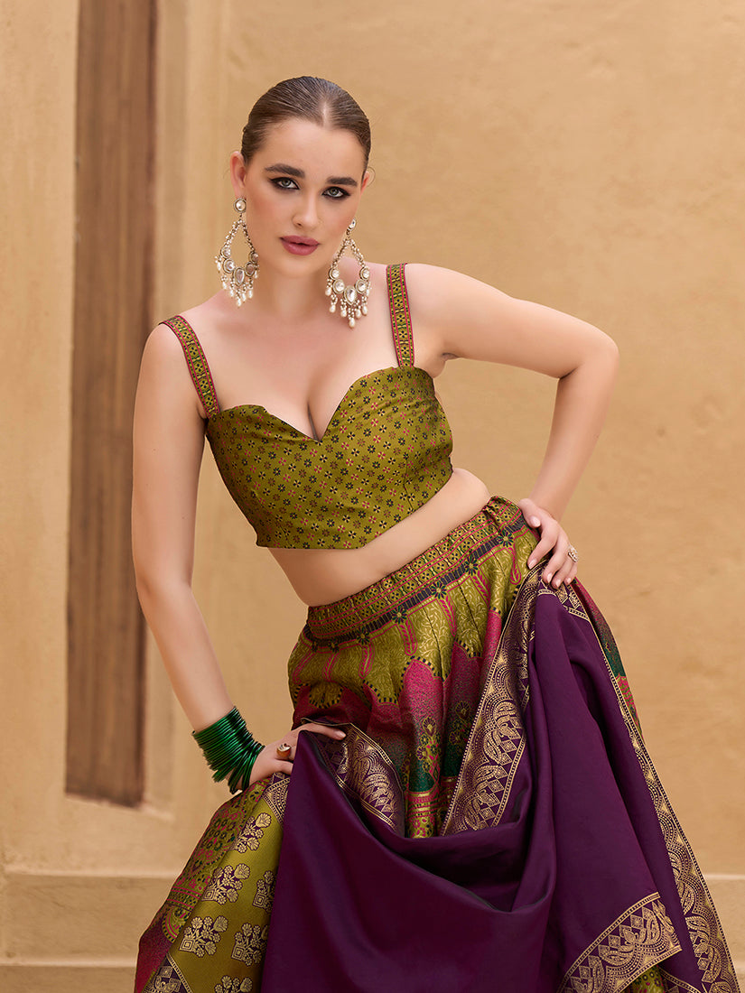 Monjolika Fashion Designer Lehenga Choli Jacquard Kanjivaram Silk In Mehendi Green