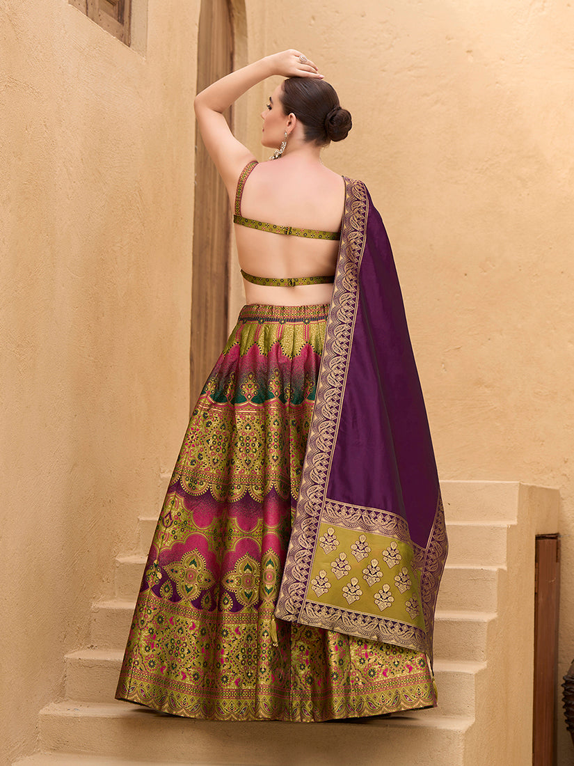Monjolika Fashion Designer Lehenga Choli Jacquard Kanjivaram Silk In Mehendi Green