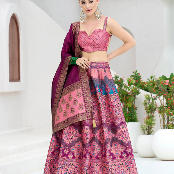 Monjolika Fashion Designer Lehenga Choli Jacquard Kanjivaram Silk In Pink