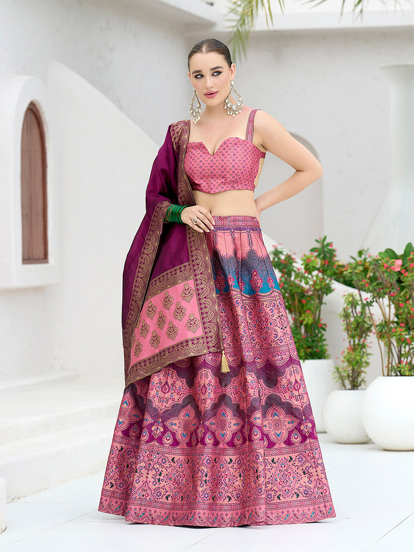 Monjolika Fashion Designer Lehenga Choli Jacquard Kanjivaram Silk In Pink