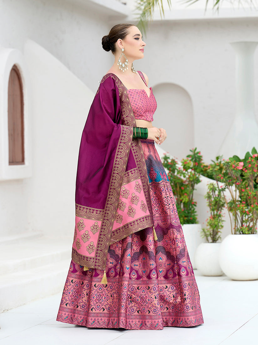 Monjolika Fashion Designer Lehenga Choli Jacquard Kanjivaram Silk In Pink