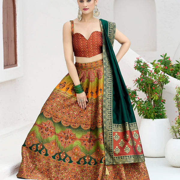 Monjolika Fashion Designer Lehenga Choli Jacquard Kanjivaram Silk In Rust