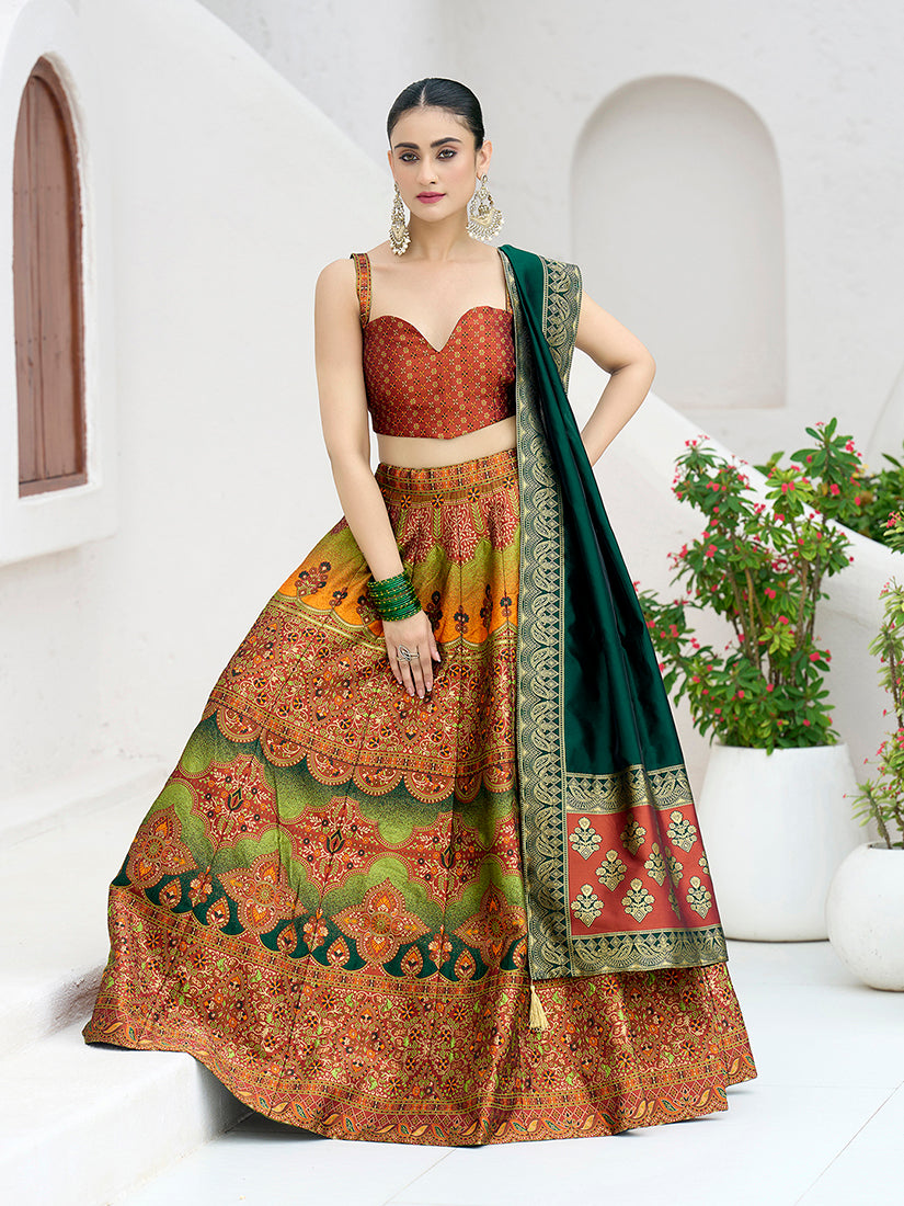 Monjolika Fashion Designer Lehenga Choli Jacquard Kanjivaram Silk In Rust