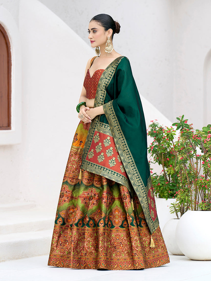 Monjolika Fashion Designer Lehenga Choli Jacquard Kanjivaram Silk In Rust