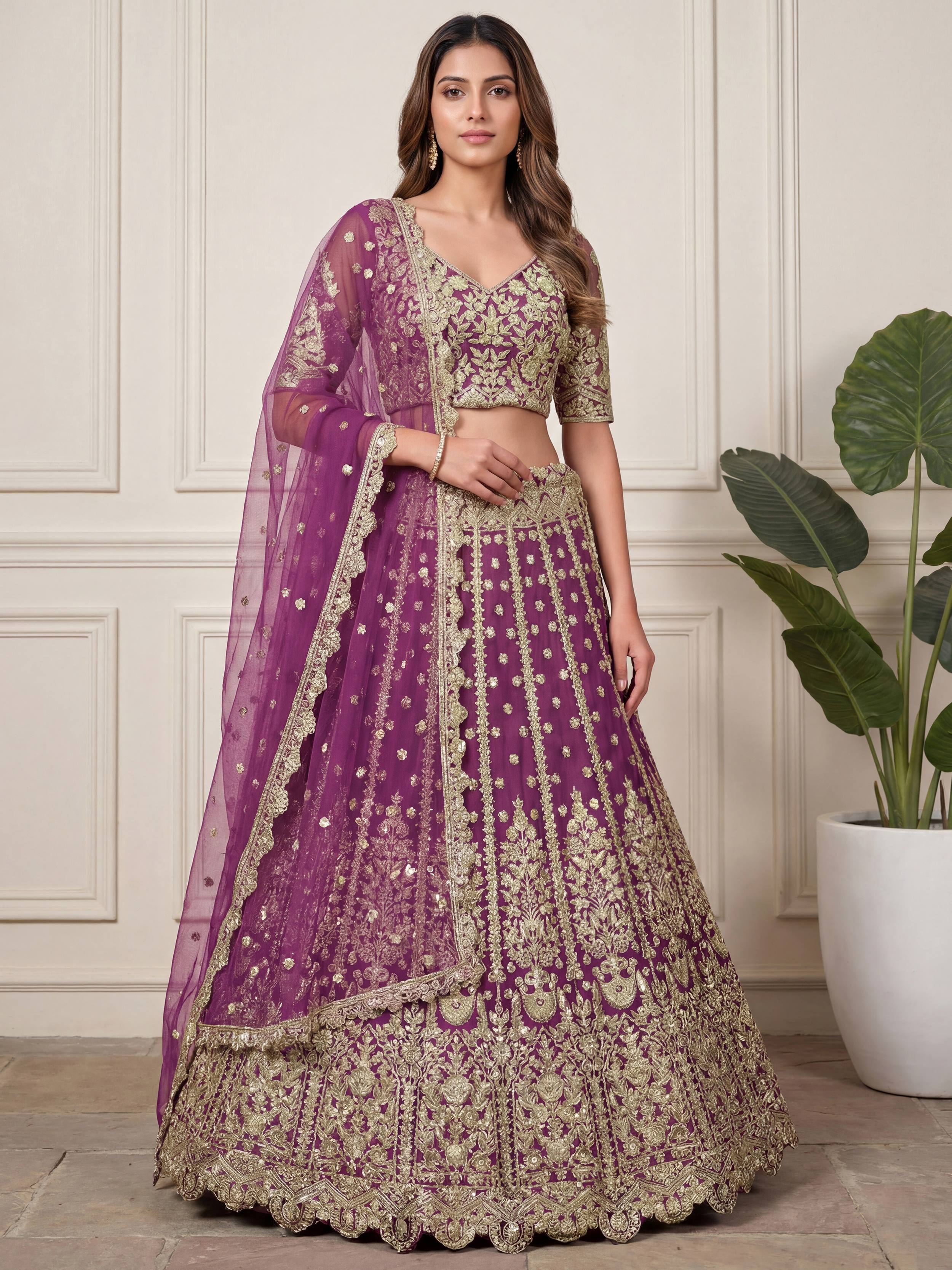 Tulsi Art Charming Purple Embroidered Soft Net Bridesmaid Lehenga Choli - Dista