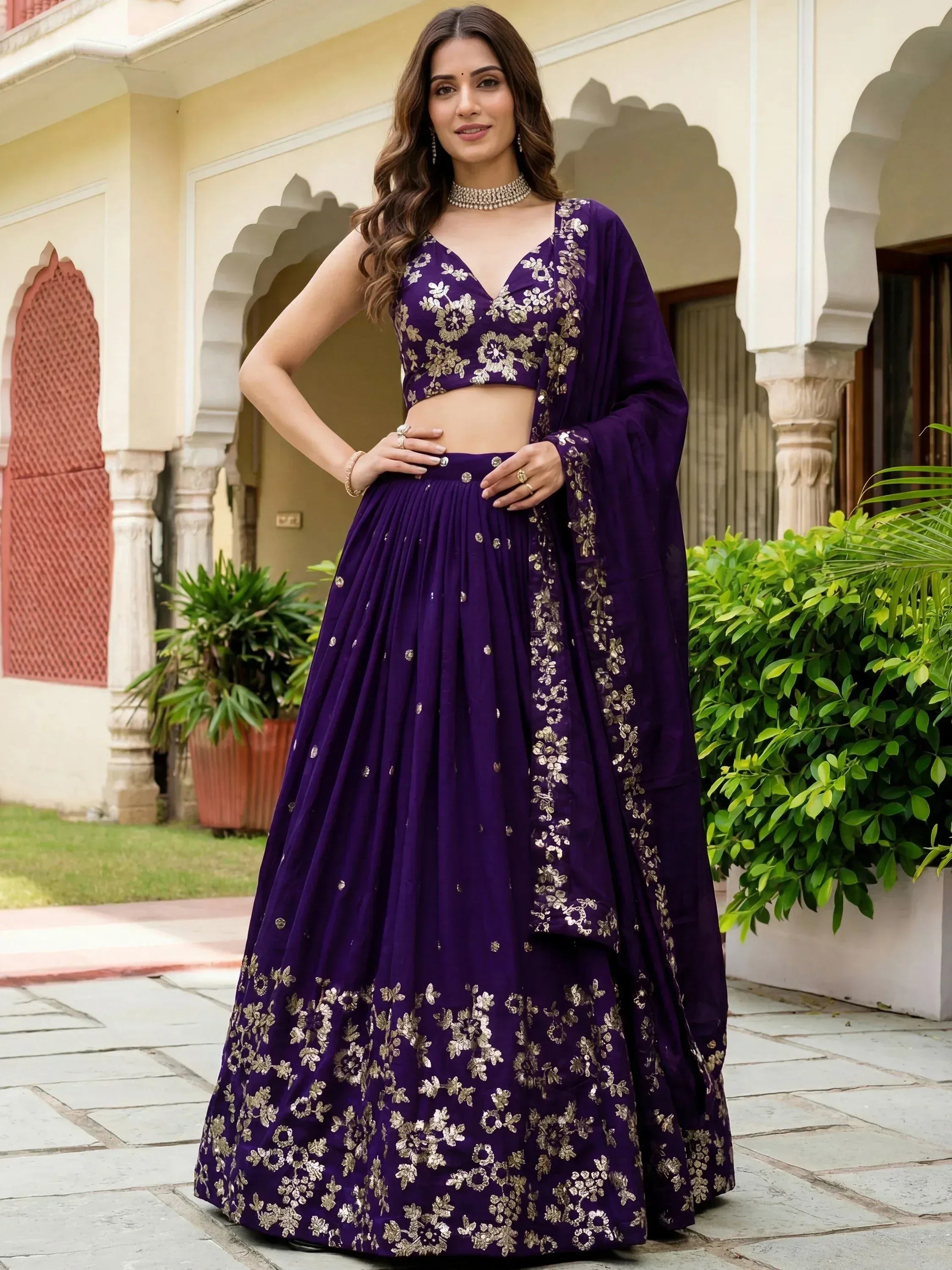 Tulsi Art Outstanding Purple Sequins Georgette Wedding Wear Lehenga Choli - Dista