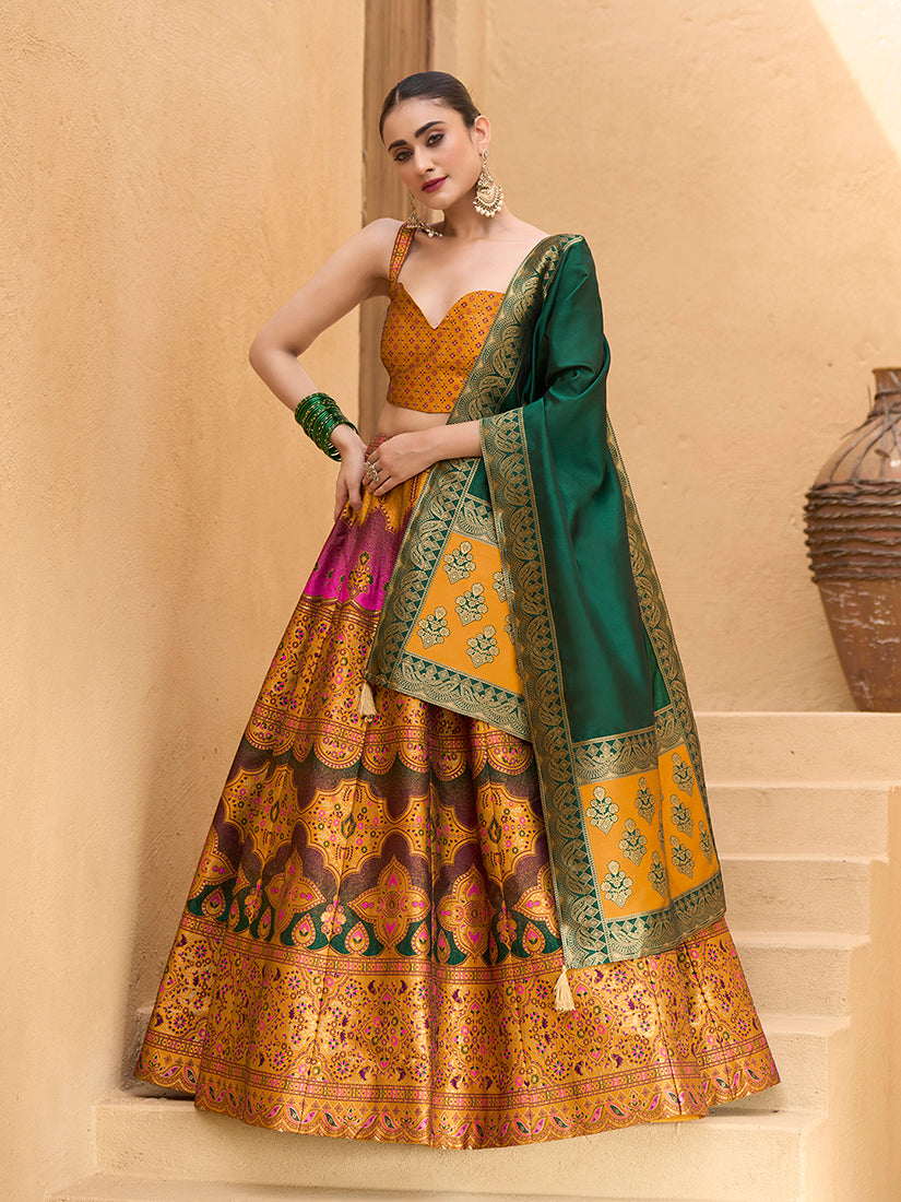 Monjolika Fashion Designer Lehenga Choli Jacquard Kanjivaram Silk In Yellow