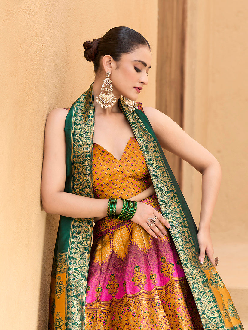 Monjolika Fashion Designer Lehenga Choli Jacquard Kanjivaram Silk In Yellow