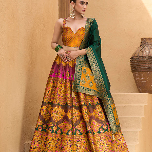 Monjolika Fashion Designer Lehenga Choli Jacquard Kanjivaram Silk In Yellow