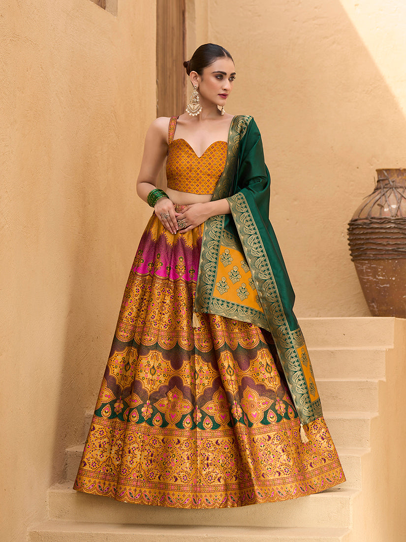 Monjolika Fashion Designer Lehenga Choli Jacquard Kanjivaram Silk In Yellow