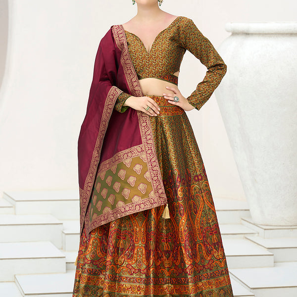 Monjolika Fashion Olive Kanjivaram Jacquard Designer Lehenga Choli For Ceremonial