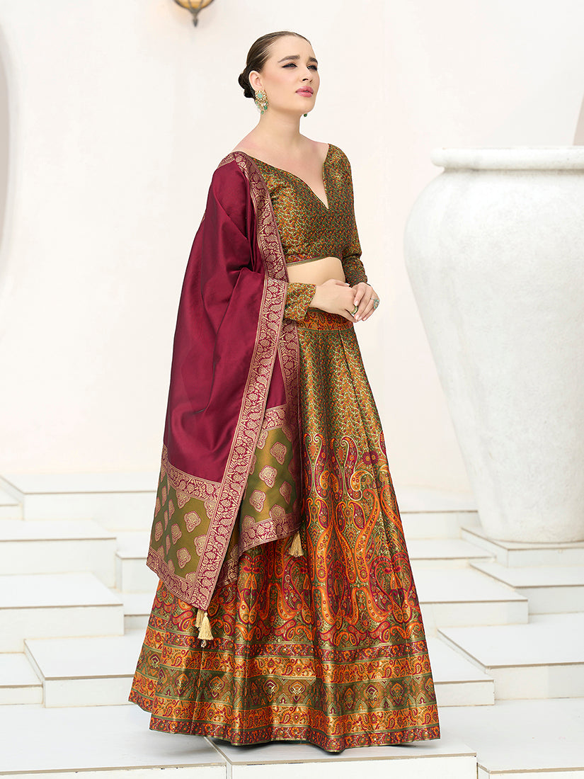 Monjolika Fashion Olive Kanjivaram Jacquard Designer Lehenga Choli For Ceremonial