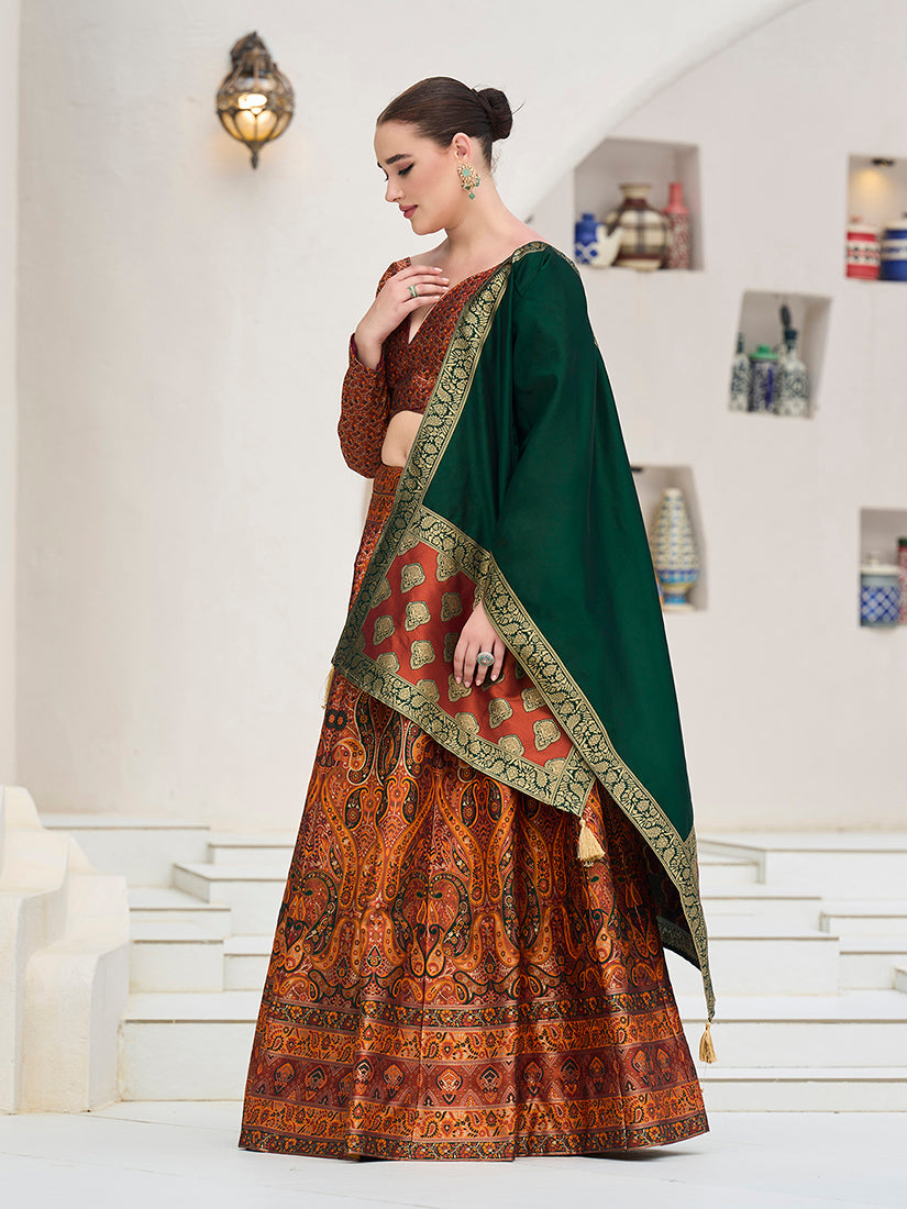 Monjolika Fashion Rust Kanjivaram Jacquard Designer Lehenga Choli For Ceremonial - Distacart