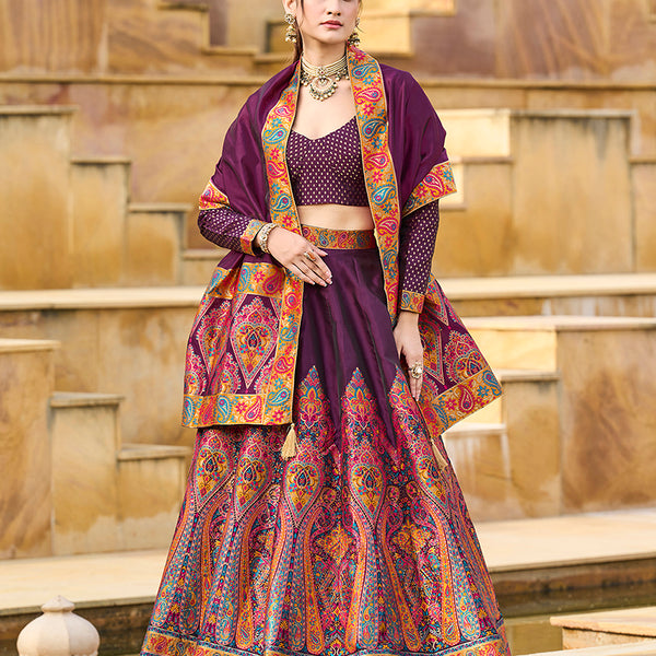 Monjolika Fashion Wine Color Jacquard Designer Work Lehenga Choli For Ceremonial - Distacart